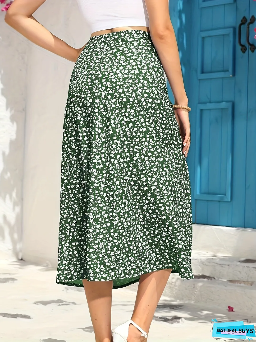 Floral Print Midi Skirt, Side Slit Casual Skirt For Summer & Spring, Women's Clothing