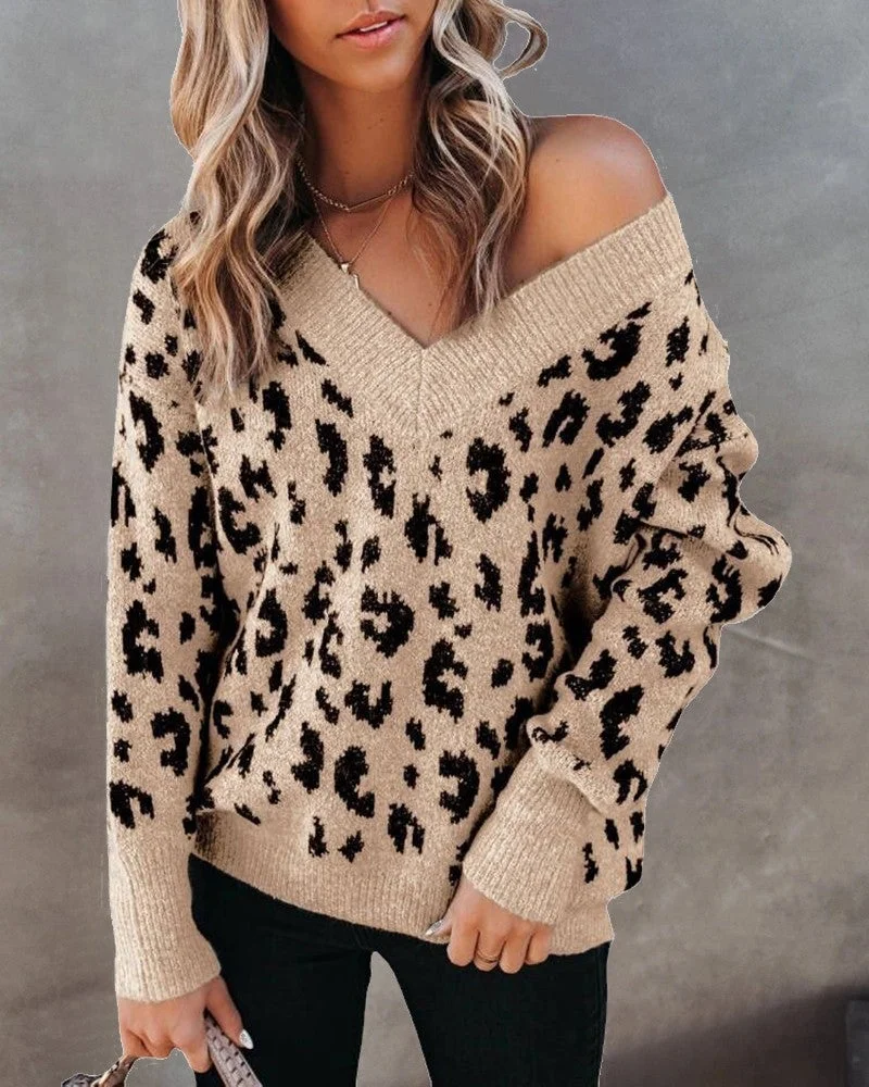 Cheetah Print Long Sleeve V-Neck Sweater | IFYHOME