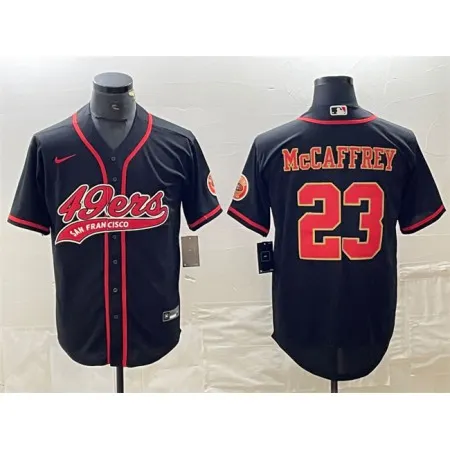 Men's San Francisco 49ers #23 Christian McCaffrey Black With Patch Cool Base Stitched Baseball Jersey MLKG
