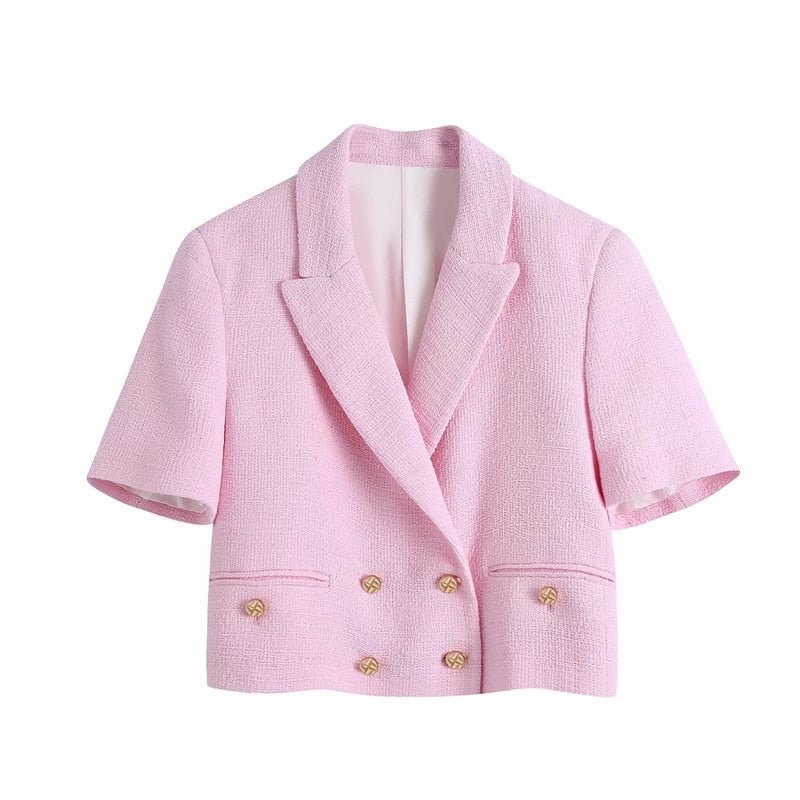 PUWD Casual Woman Pink Tweed Matching Sets 2021 Spring Fashion Short Sleeve Suits Ladies Sweet Streetwear Shorts Suit