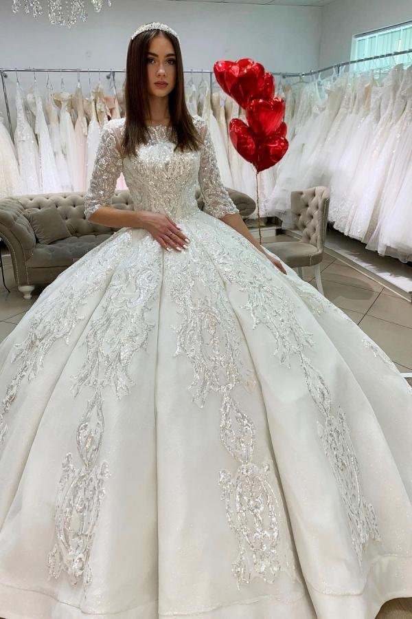 Classy Floor-length Satin Princess Bateau Wedding Dress Long Sleeves With Appliques Lace | Ballbellas Ballbellas