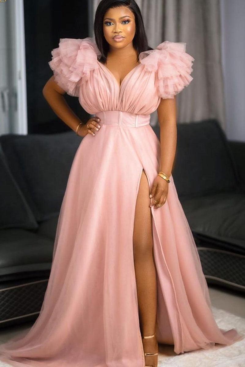 Plus Size Formal Pink Split Joint V Neck Tulle Ruffle Trailing Maxi Dress