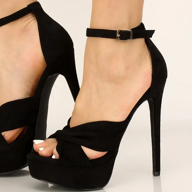 Black Suede Open Toe Stiletto Heels Ankle Strap Sandals Vdcoo