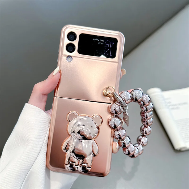 Electroplated Bear Bracelet Phone Case With Lanyard And Phone Stand For Galaxy Z Flip3/Z Flip4