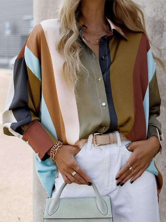 Color Block Casual Loose Striped Blouse