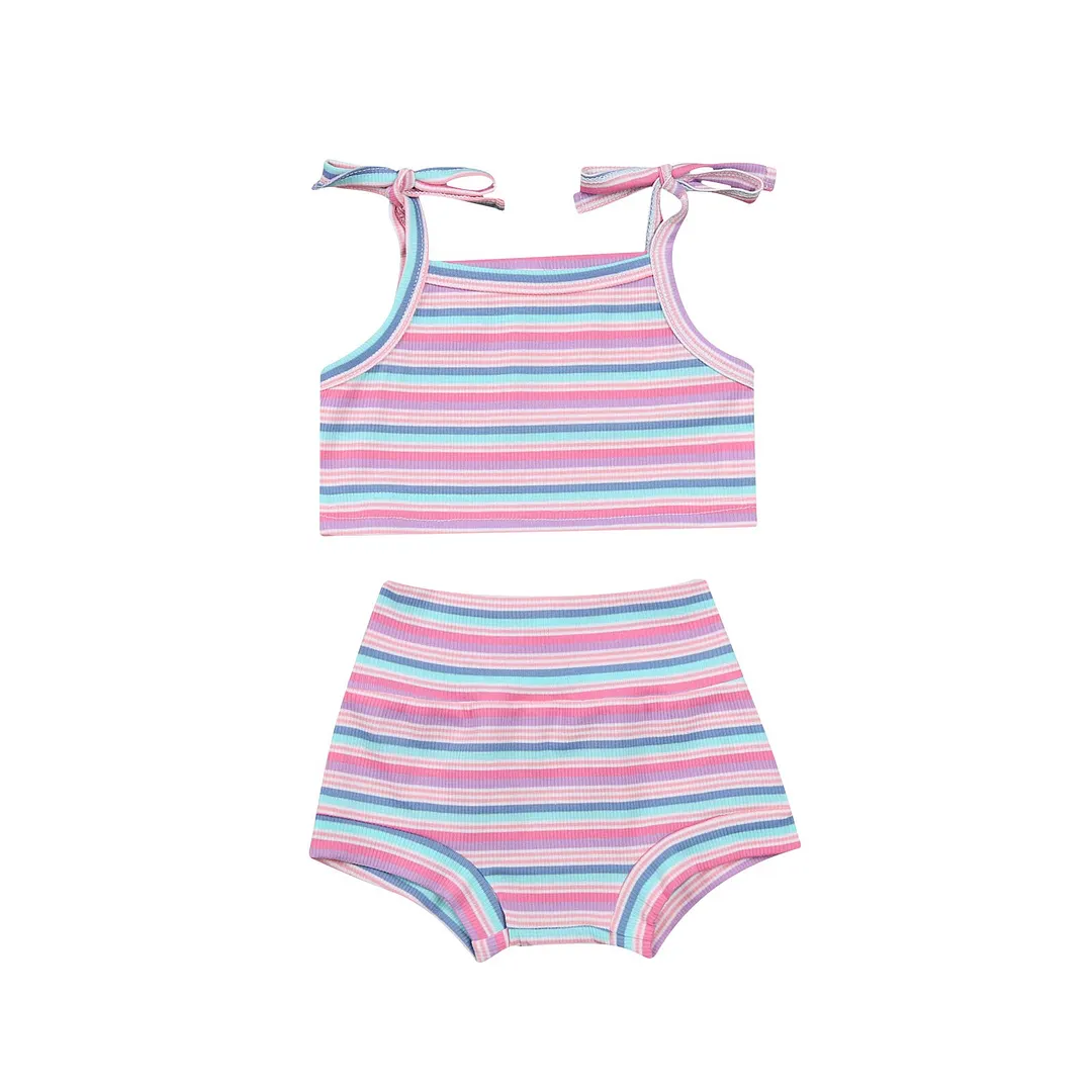 2021 Baby Summer Clothing 2Pcs Toddler Outfits Stripes/Solid Lacing Shoulder Strap Tank Tops Elastic Waist Shorts for Baby Girl