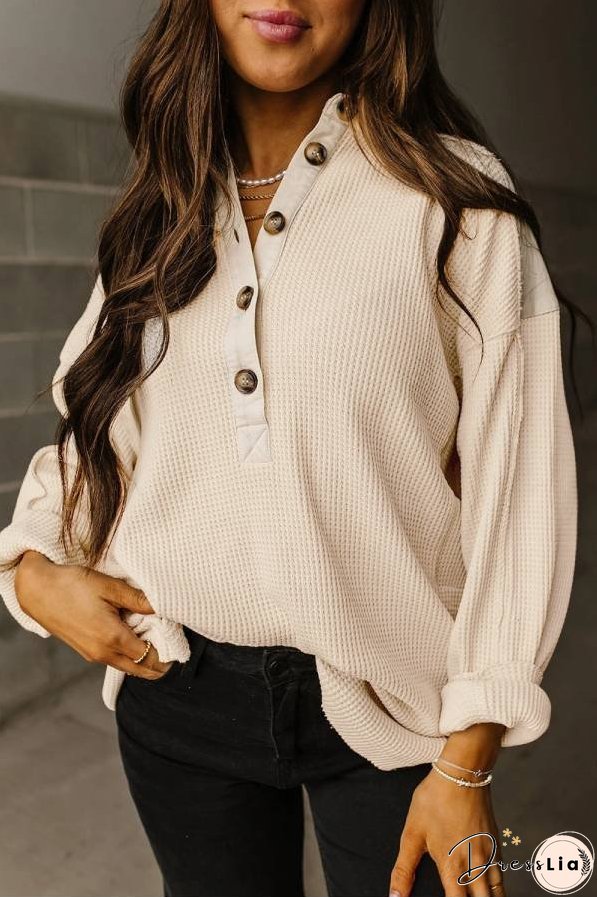 Smoke Green Waffle Patchwork Drop Sleeve Henley Top