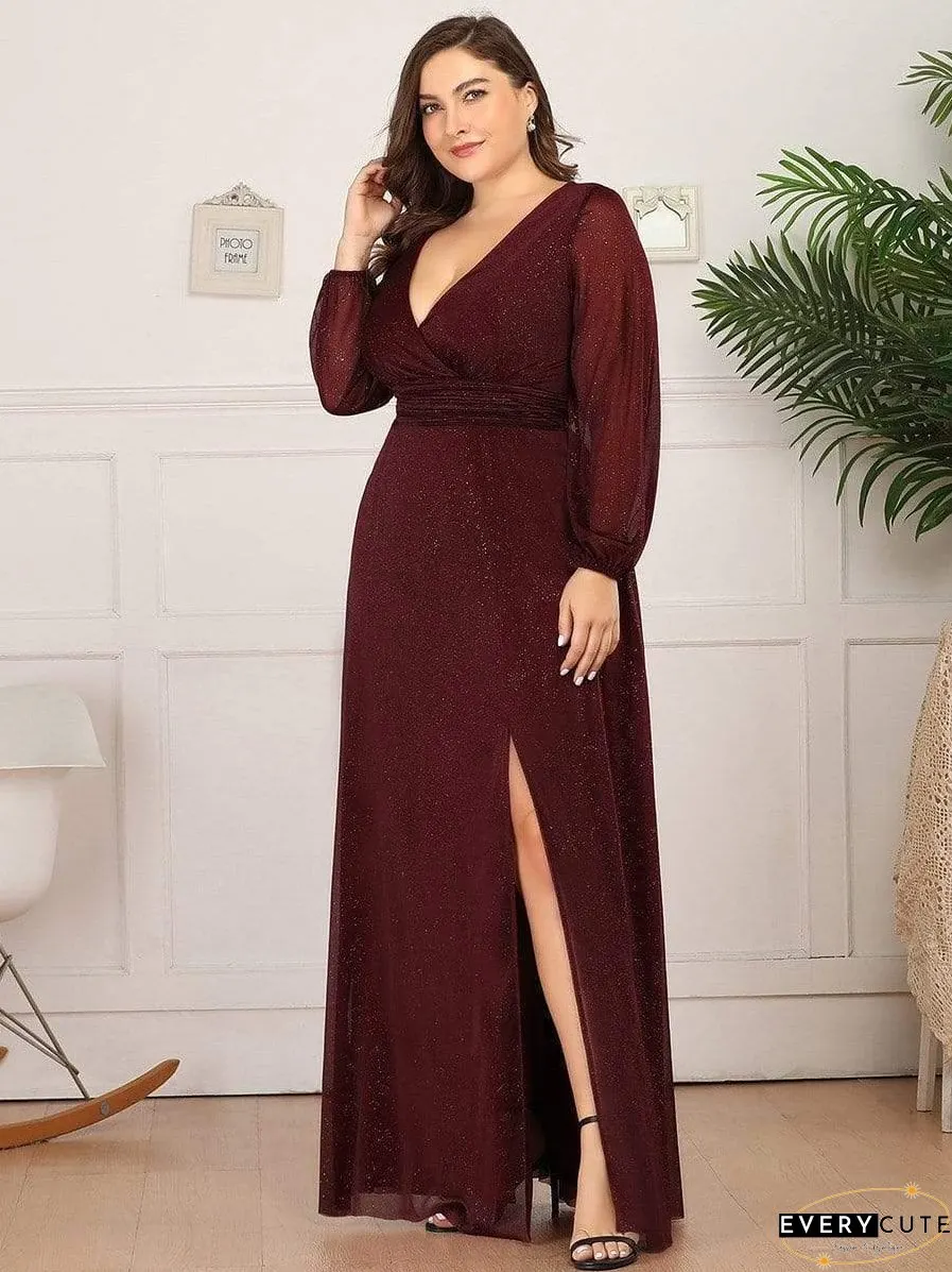 Shiny Puff Sleeve V-Neck Evening Gown for Curvy Women
