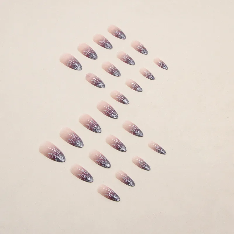 Churchf Churchf Ins Wind Flash Almond Nail Purple Gradient Flame Pattern Wearing Nail Finished Fake Nails