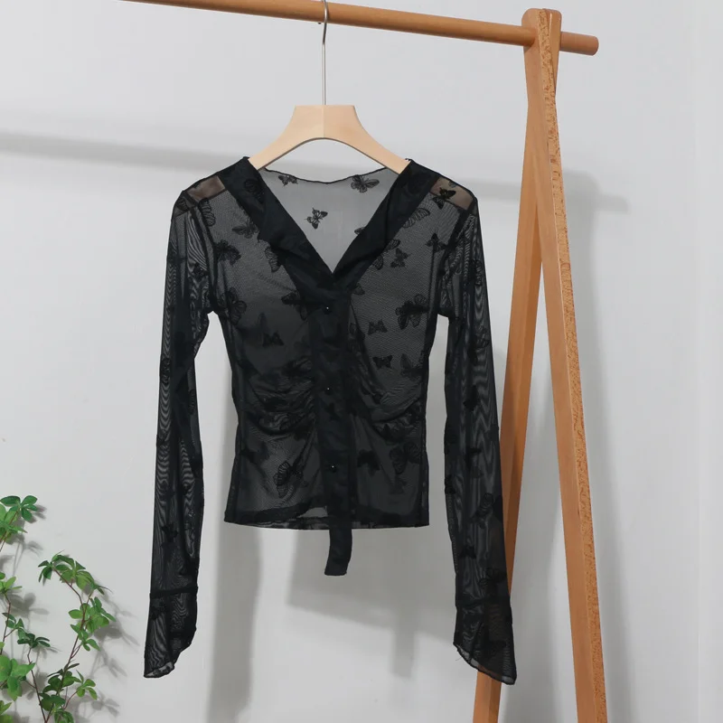 Uveng Pink V-Neck Velvet Bow Single Buckle Buckle Coat On The Head Short Long-Sleeved Mesh T-Shirt 8900