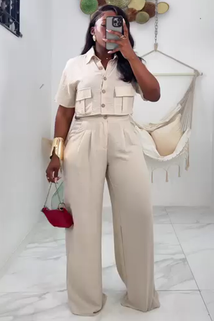 Cargo Pocket Short Sleeve Blouse Wide Leg Pants 2pcs Set-Beige [Pre Order]