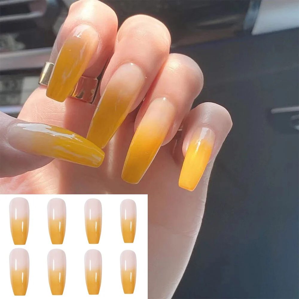 24pcs Press On Nails Gradient Yellow Coffin Artificial False Nails Ballerina Fake Nails Full Cover Nail Tips Acrylic Fingernail