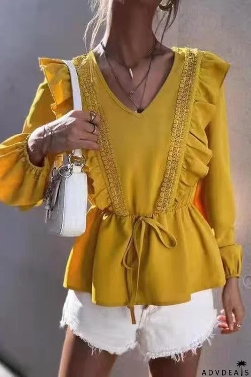 Ruffles V Neck Peplum Blouse