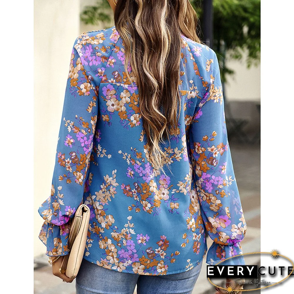 Blue Floral Print Chiffon Long Sleeve Blouse