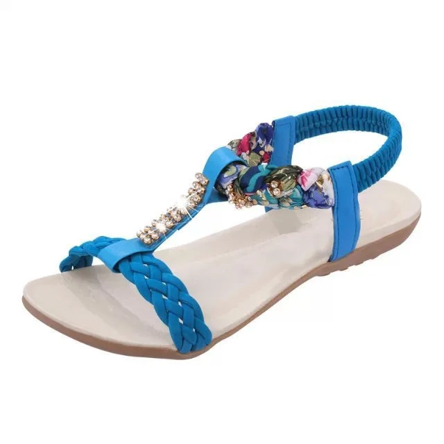 Women Sandals Summer Flat Heel Bohemian Sandals 2019 New Rhinestone Mixed Color Ladies Elastic Band Open Toes Beach Shoes