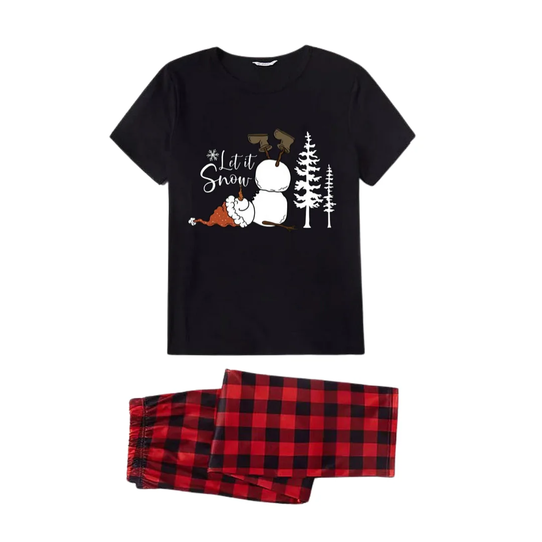 "Let it Snow" Snowman Pattern Black Short Sleeve with Red & Black Plaid Pant Family Matching Pajamas