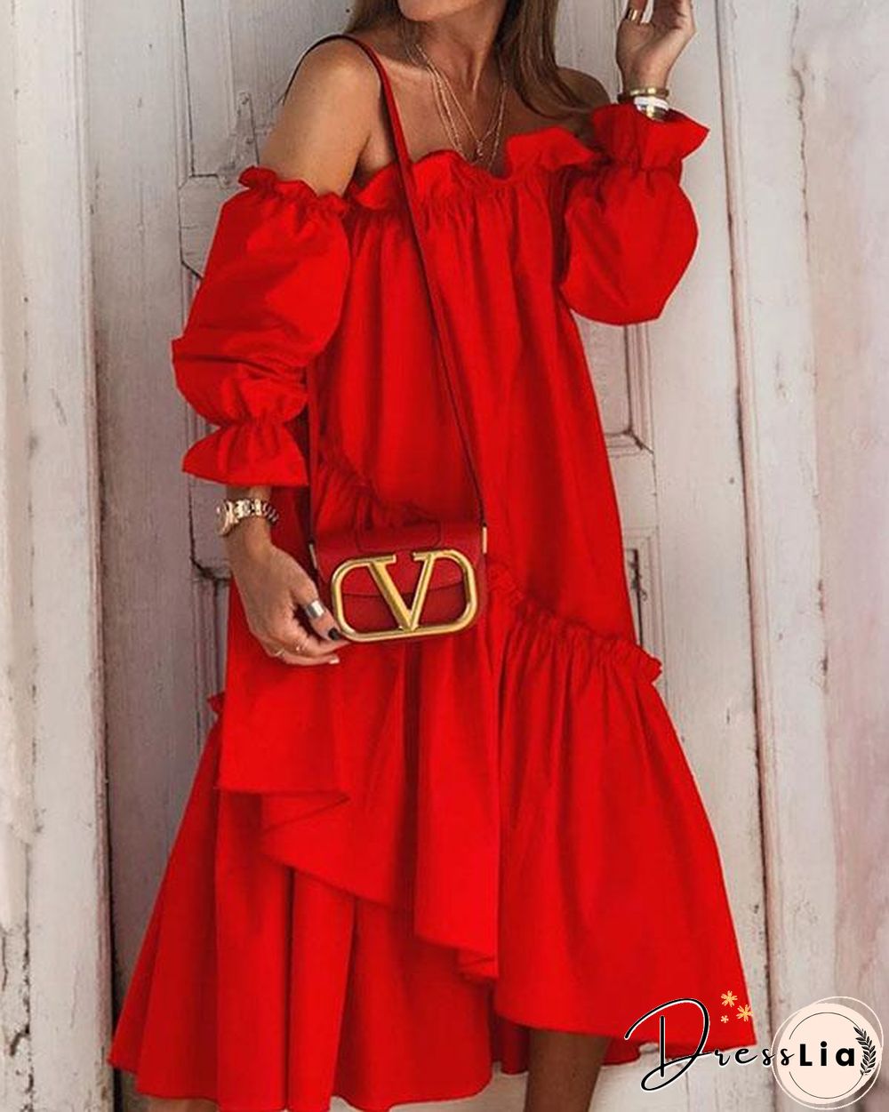 Solid Off Shoulder Irregular Ruffle Dress
