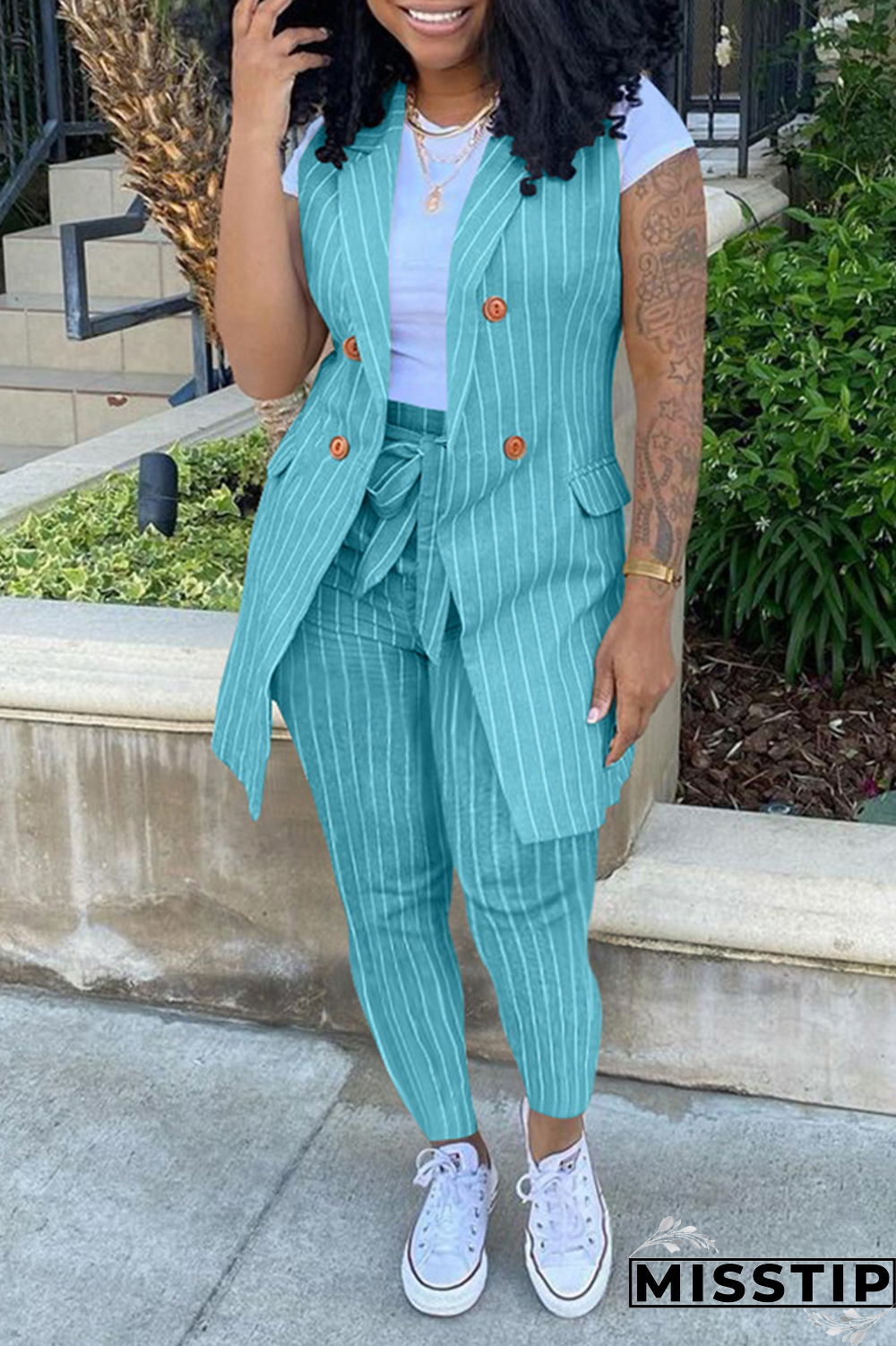 Grass Green Casual Striped Patchwork Turndown Collar Sleeveless Two Pieces