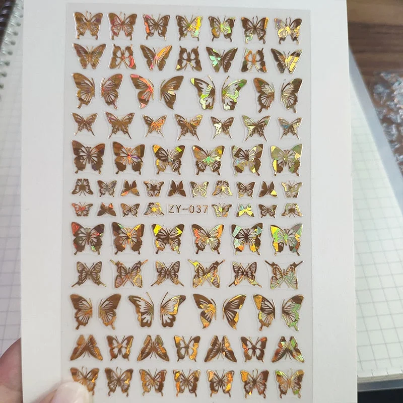 1PC Holographics 3D Butterfly Nail Art Stickers Adhesive Sliders Colorful DIY Golden Nail Transfer Decals Foils Wraps Decoration-Nail Inspo