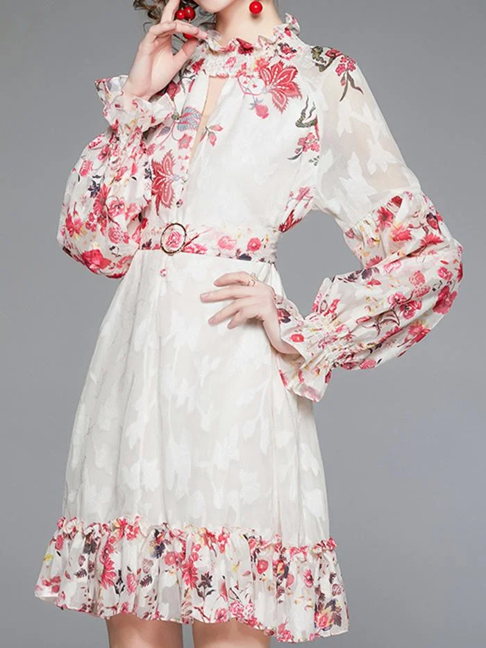 Elegant Jacquard Print Lantern Long Sleeve Dress