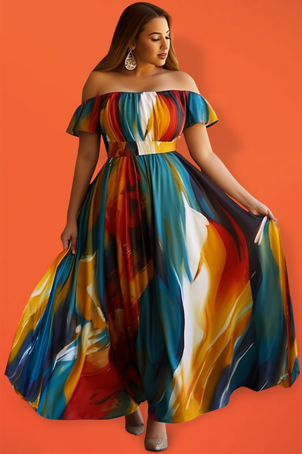 Design Plus Size Vacation Casual Multicolor Off The Shoulder Knitted Maxi Dresses [Pre-Order]