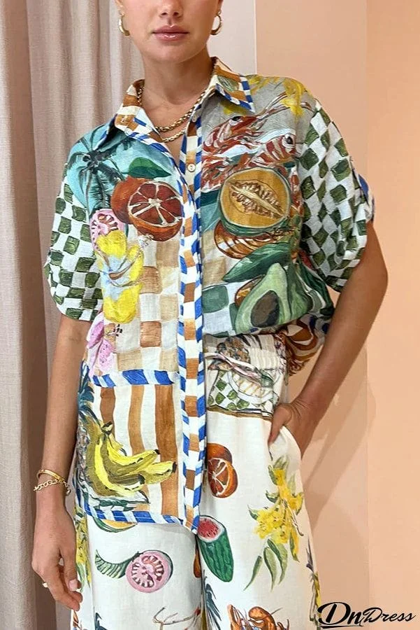 Spicy Lady Linen Blend Tropical Fruit Print Button Down Oversized Blouse