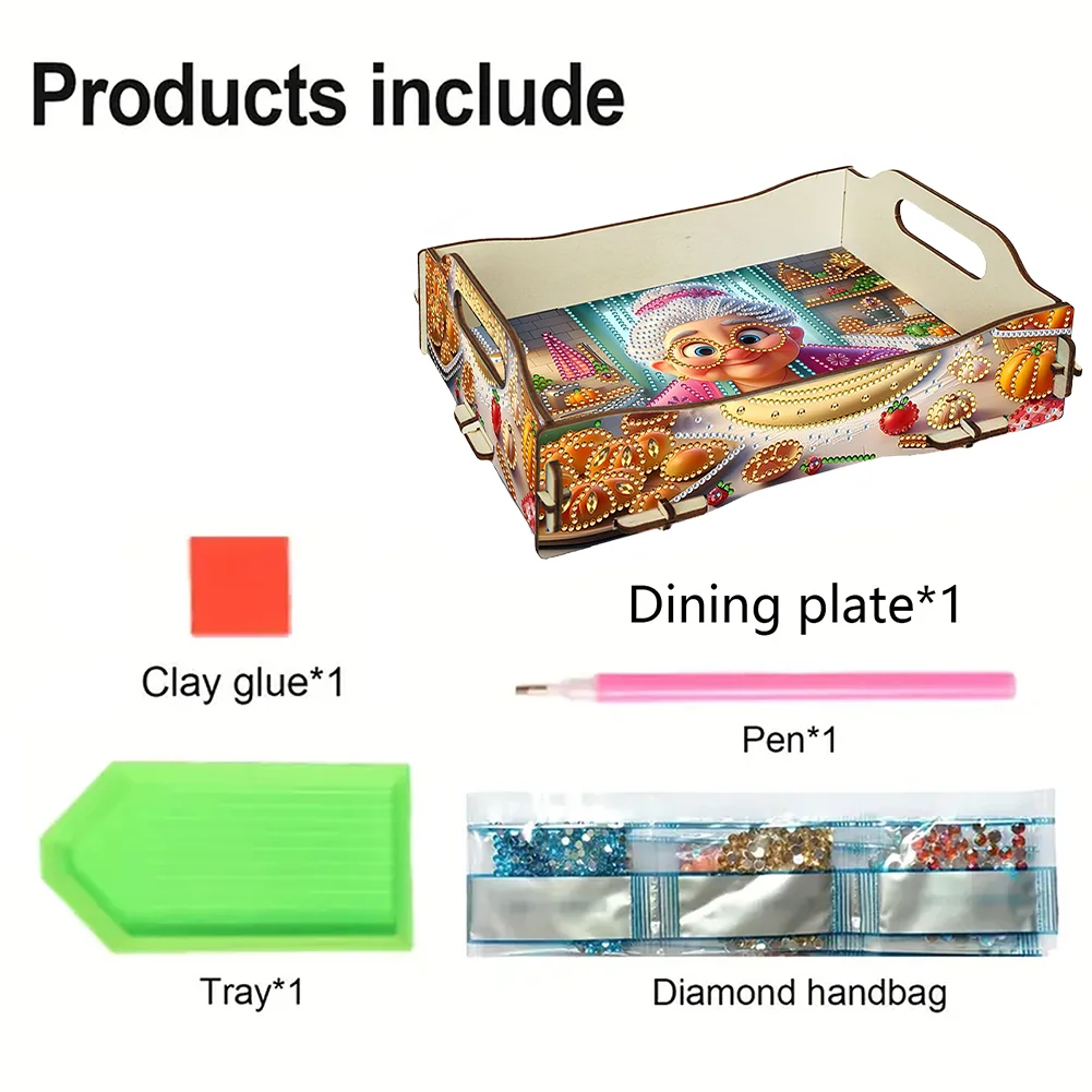 5D DIY Old Lady Diamond Painting Serving Tray with Handle for Coffee Table Decor