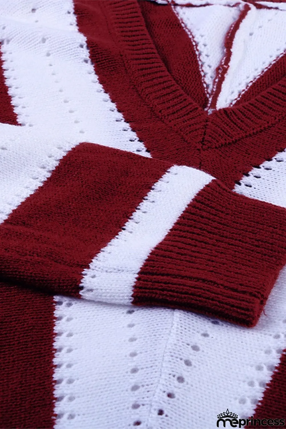 Casual Red Striped Colorblock V Neck Knitted Sweater