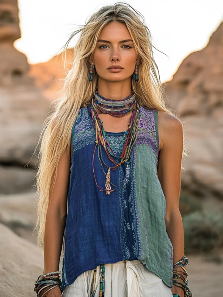 Simpfit Ärmelloses Nachahmung aus Baumwolle und Leinentop im Bohemia-Ethno-Drucken-Stil für Damen
