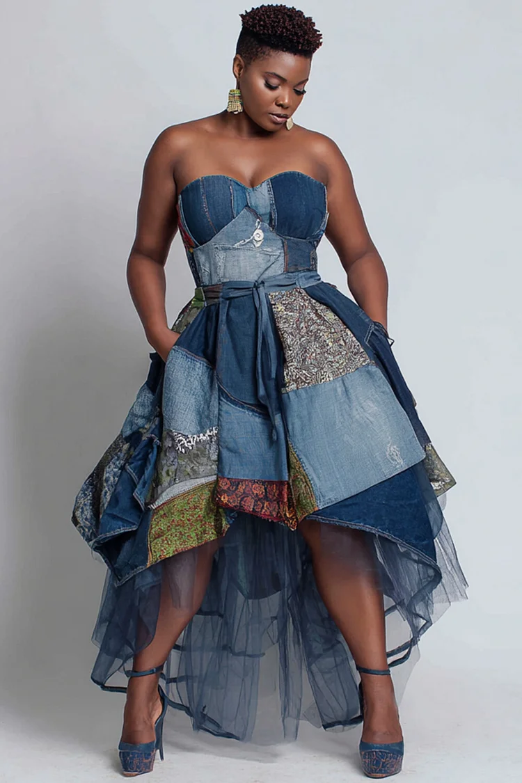 Xpluswear Design Plus Size Party Blue All Over Print Pocket High Low Hem Tulle Midi Dresses [Pre-Order] 2024 - Xpluswear