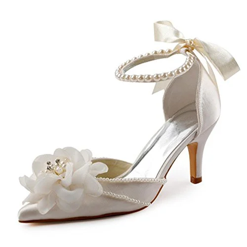 White Satin Floral Back Bow Ankle Strap Heels Vdcoo