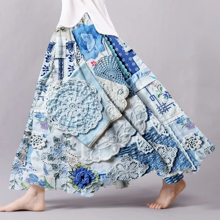Vintage Bohemian Patch Textile Linen Skirt