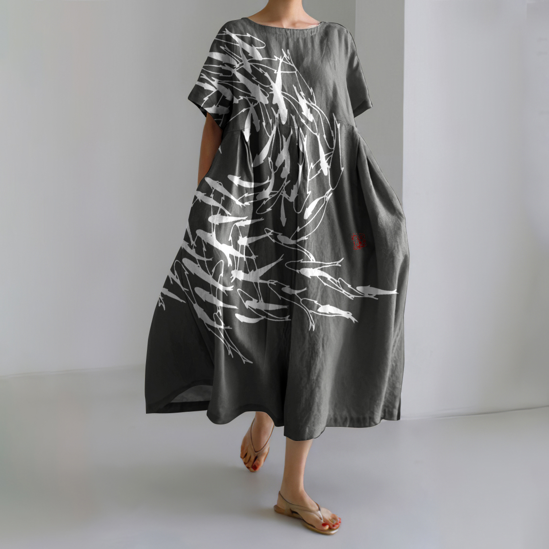 Comstylish Japanese Art Vintage Sea World Flock Of Fish Print Casual Art Linen Blend Maxi Dress
