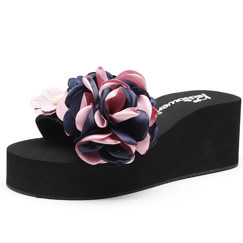 Women's Large Size High-heeled Word Drag Female Slip Fashion Beach Sandals Sandals and Slippers DIY Flowers Sandals Simple