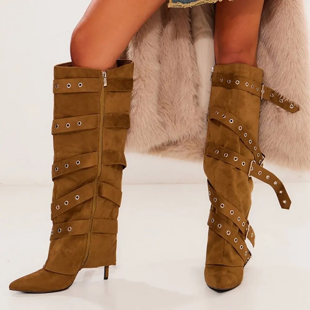 TAAFO Vegan Suede Pointed Toe Stilettos Buckle Knee Fold-over Boots In Tan 