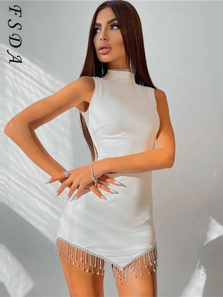 FSDA 2021 Diamond Tassel Black Party Dresses Women Sleeveless Sexy Mini Club Summer Dress Bodycon Red White Y2K Off Shoulder
