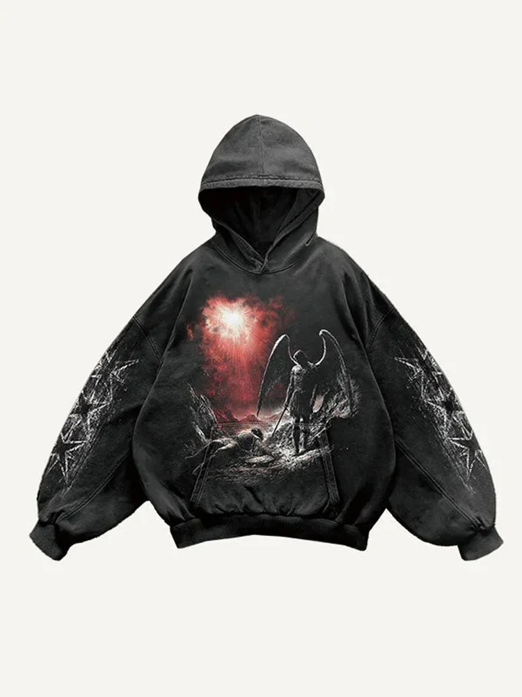Art Figure&wing&graphic Print Slant Washed Hoodie