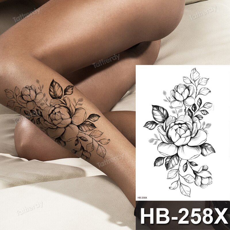Tattoo Sticker Flower Big Body Art Waterproof Temporary Sexy Thigh Tattoos For Woman Tattoo Fake Water Black Sketch Line Sleeve
