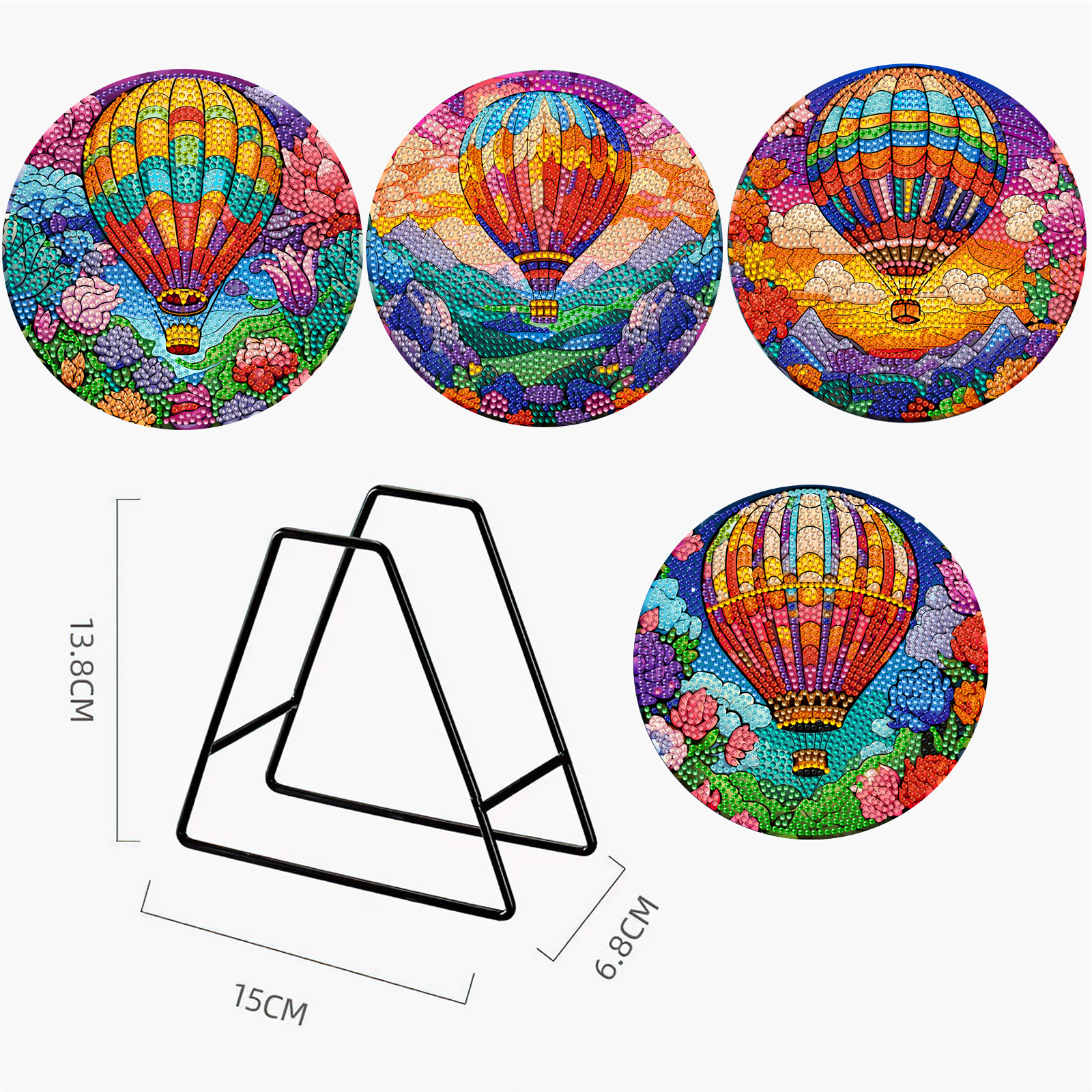 (BD488) (Acrylic) 4pcs DIY Diamond Painted Placemats, Insulated Dish Mats, Comes with Mat Storage Rack, Hot Air Balloon and Mountain