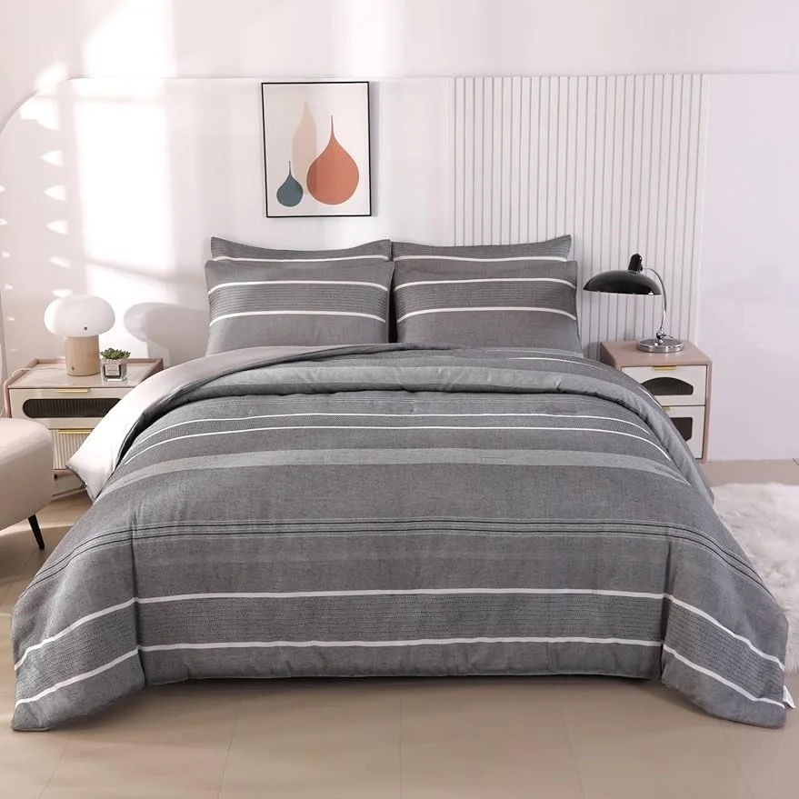 Qucover Comforter Sets - 5/7 Pieces Twin/Full/Queen Bed in a Bag Set with Sheets, Grey White Striped Comforter Set for Queen Size Bed, Soft Microfiber Comforter Bedding for All Season