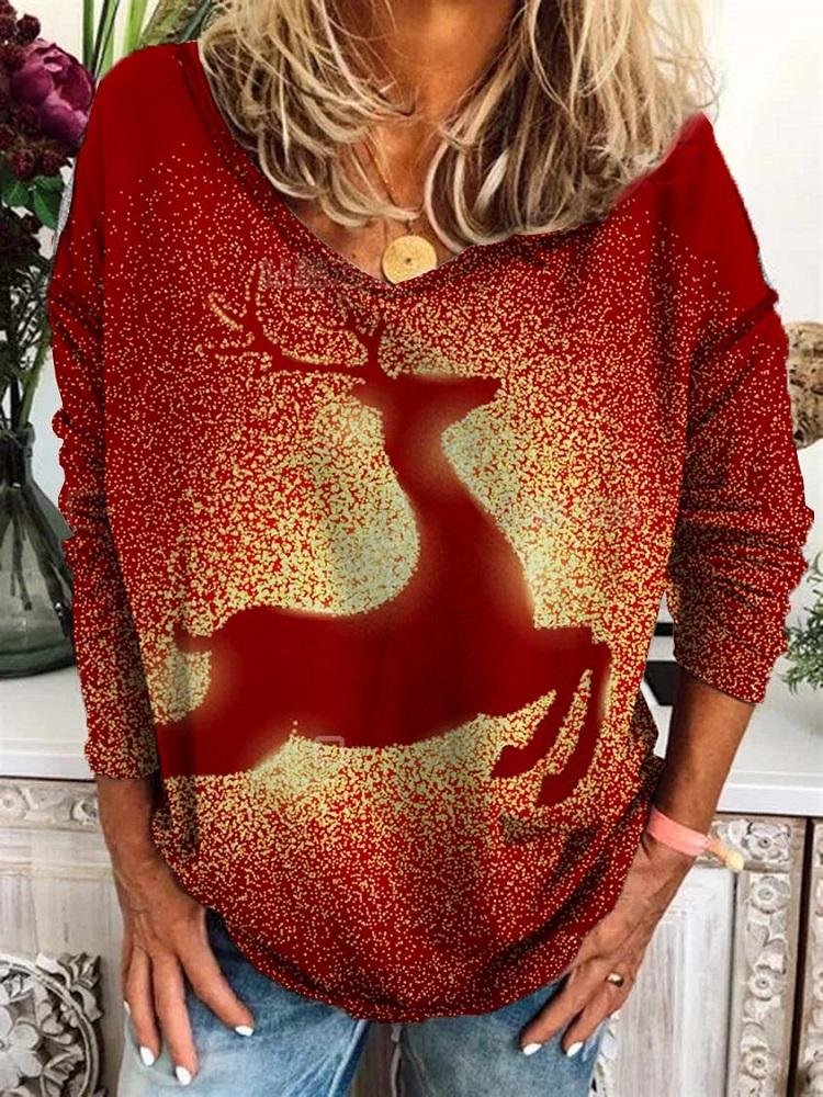 Women's Red Christmas Theme Elk Printed Long Sleeve V Neck Blouses