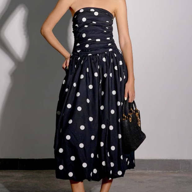Women's Polka Dot Strapless Midi Dress Ruched Bodice A-Line