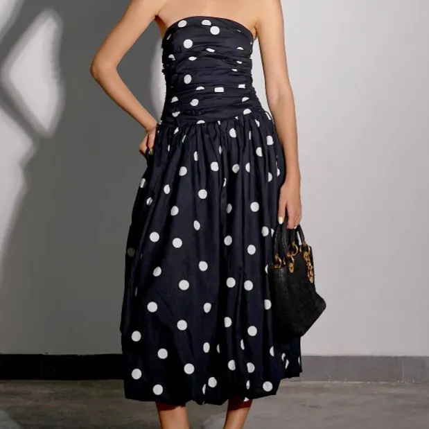 Women's Polka Dot Strapless Midi Dress Ruched Bodice A-Line