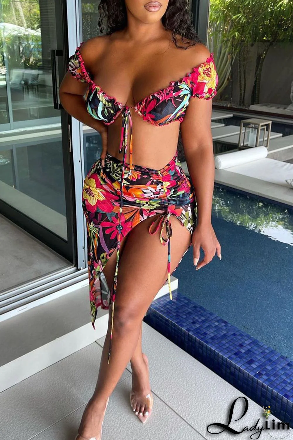 Red Sexy Sweet Print Bandage Patchwork V Neck Short Sleeve Two Pieces