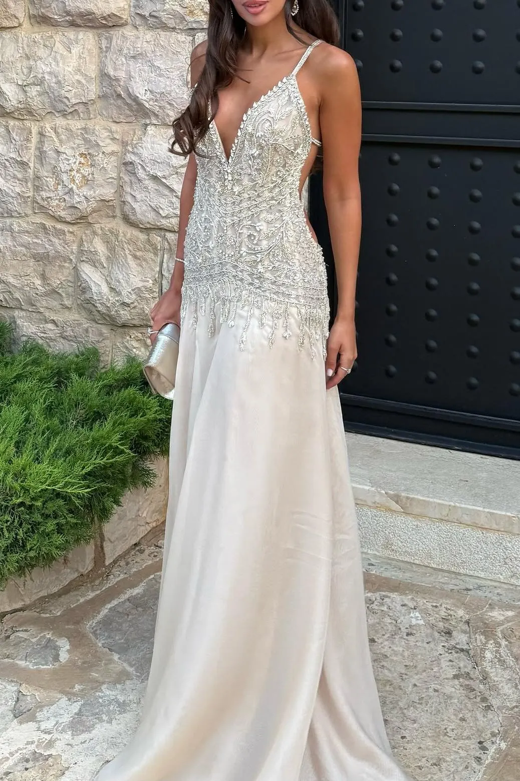 Satin Spaghetti Straps Sleeveless High-Waisted Long A-Line Prom Dress With Beading And Lace-Up Back | PM0032 Wellcucu
