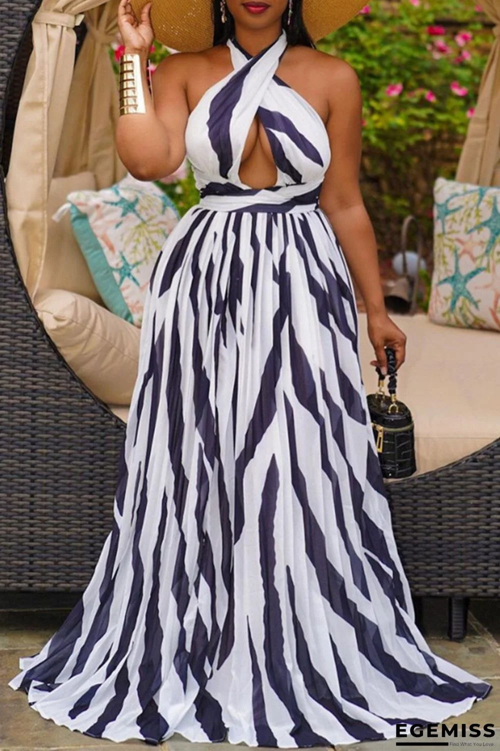 Tibetan Blue Fashion Sexy Print Hollowed Out Backless Halter Sleeveless Dress Dresses | EGEMISS