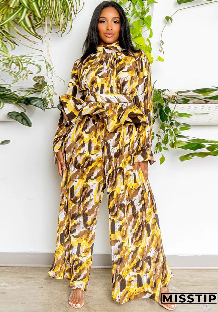 Women Lantern Long Sleeve Top and Wide Leg Pants Printed Casual Two-piece Set