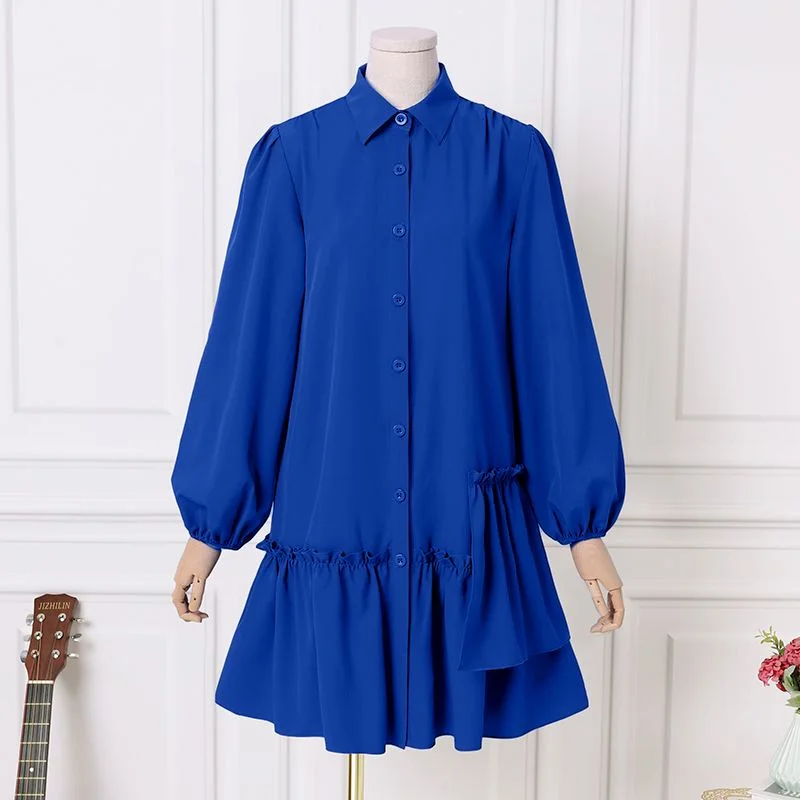 Autumn Long Sleeve Dress 2022 VONDA Women Casual Turn Down Neck Party Dress Ruffled Robe Femme Oversized Vestidos