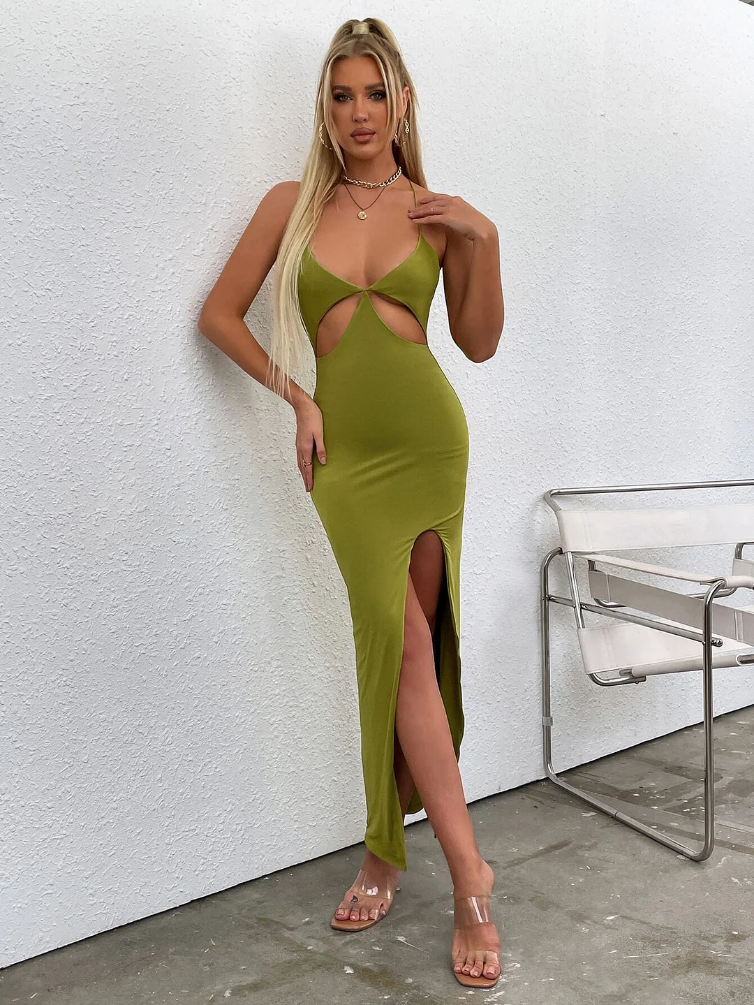 Criss Cross Backless Plunging Neck Cut Out Split Thigh Dress