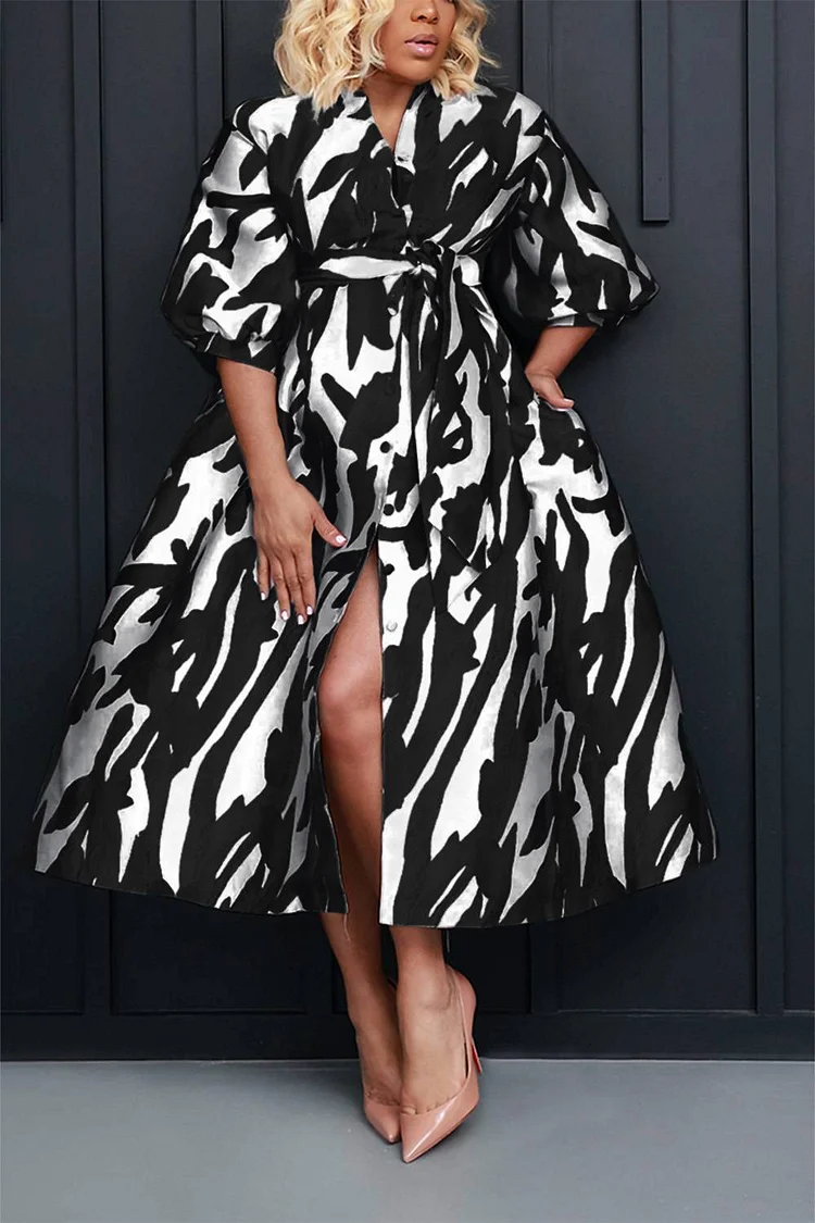 Plus Size Semi Formal Dress Black Puff Sleeve Button All Over Print Midi Dresses 